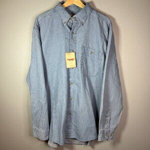 Wrangler Rugged Wear Blue Denim Shirt Men's Size XL Long Sleeve Western